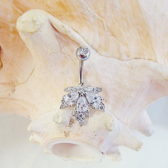 Leaf shaped clear cubic zirconia 14G belly button ring with gem ball - Picture 1 of 6